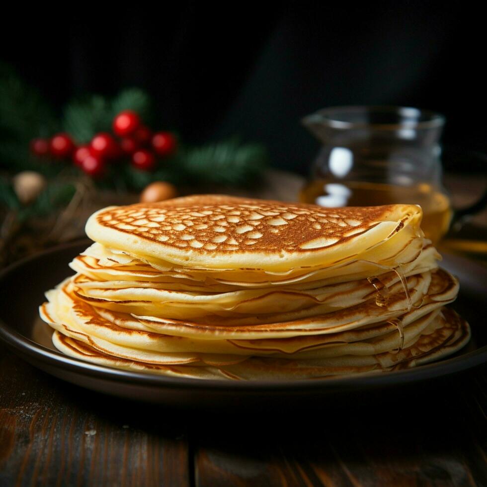 unna sig i de textur av tunn pannkakor på en rustik tallrik för social media posta storlek ai genererad foto