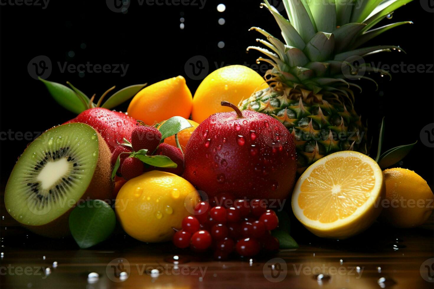tropisk frukt sortiment terar skimrande vatten droppar på de sida ai genererad foto