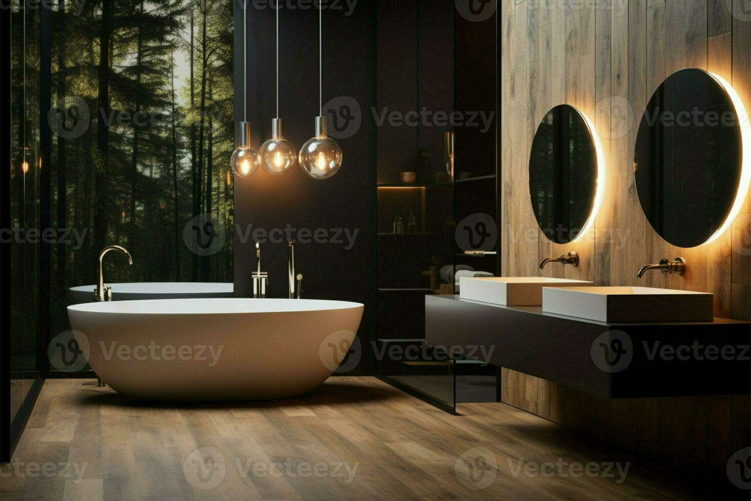 en lyx badrum design, blandning trä, hängande lampor i modern stil ai genererad foto