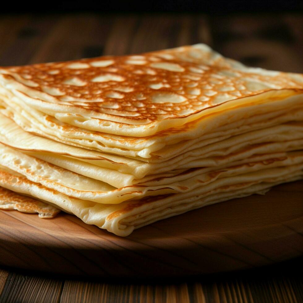 en trä- bakgrund ställer ut tunn pannkakor i lockande stänga upp för social media posta storlek ai genererad foto