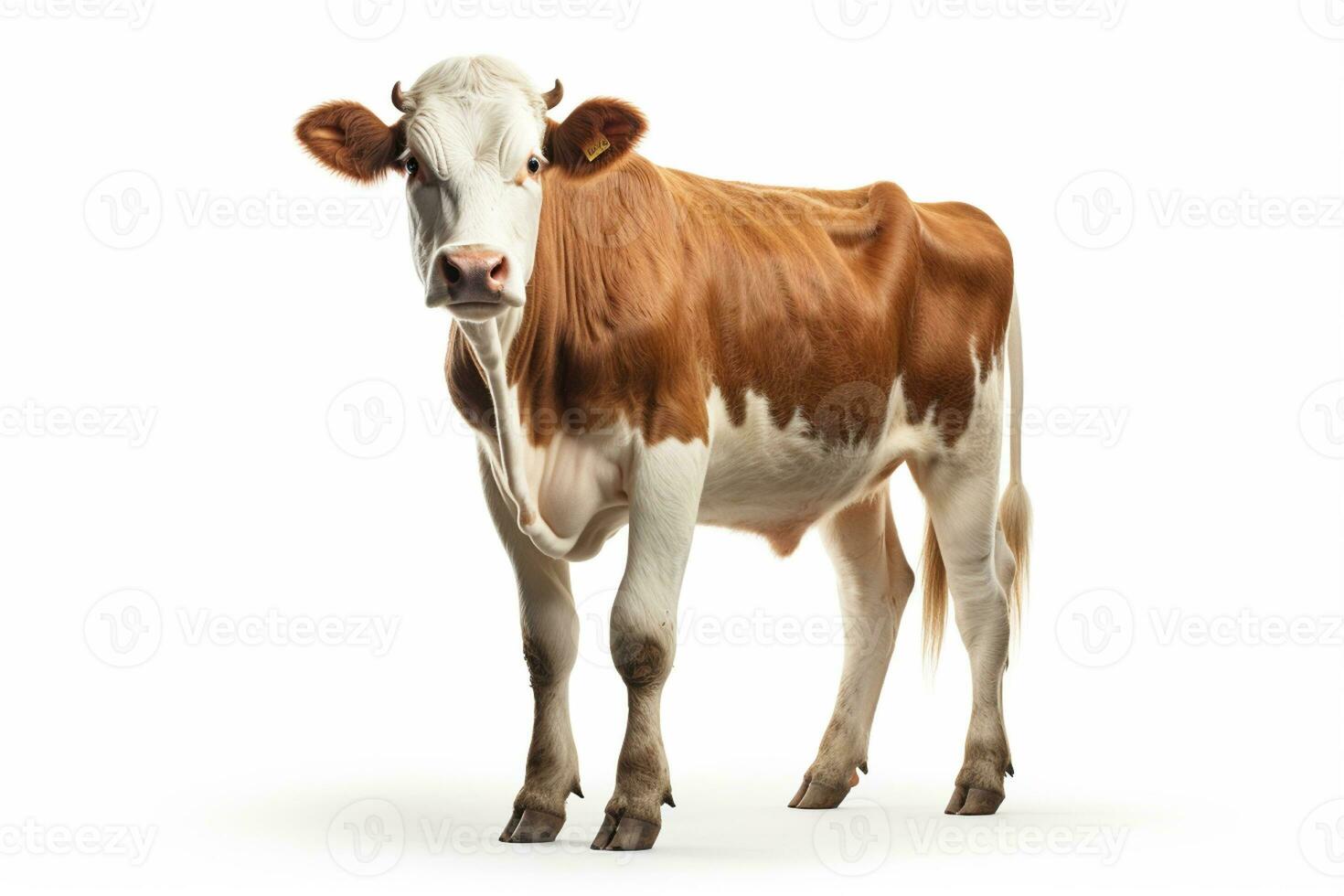 ung brun och vit ko stående isolerat på vit bakgrund, sida se ai genererad foto