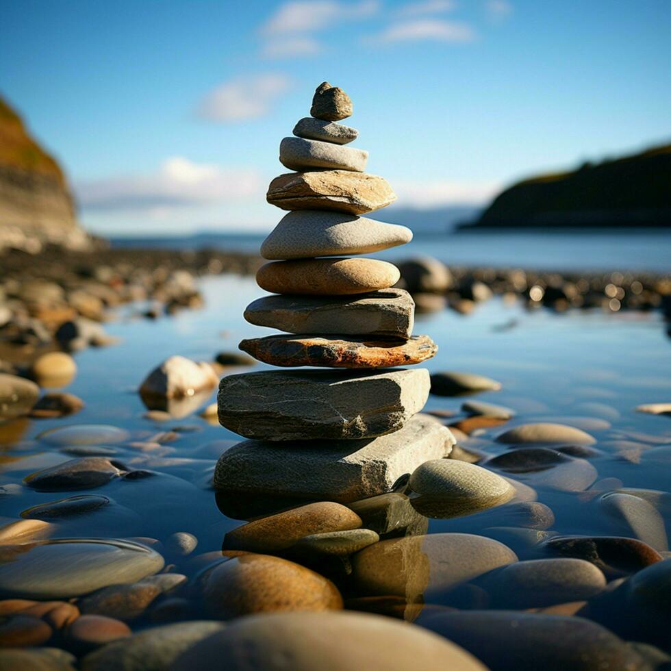 nautisk bildning hav kysste stenar staplade in i en pyramid längs de Strand för social media posta storlek ai genererad foto