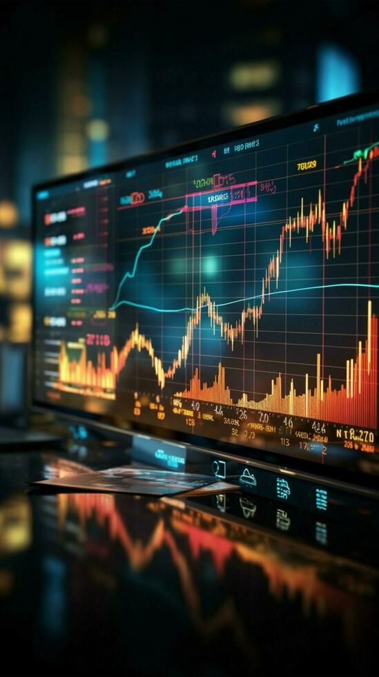 analyserar trender företag, stock marknadsföra Översikt genom informativ visuell visa vertikal mobil tapet ai genererad foto