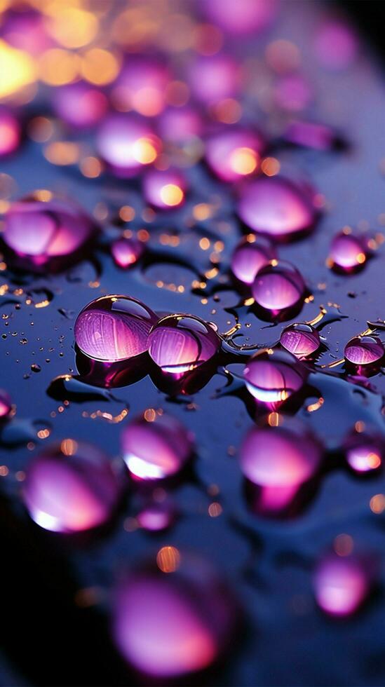 stänga upp regndroppar på fönster med lugnande lila ljus belysande dem vertikal mobil tapet ai genererad foto