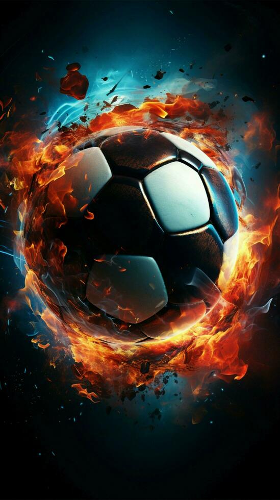 animerad fotboll skådespel, engagerande affisch visning en livlig fotboll boll vertikal mobil tapet ai genererad foto