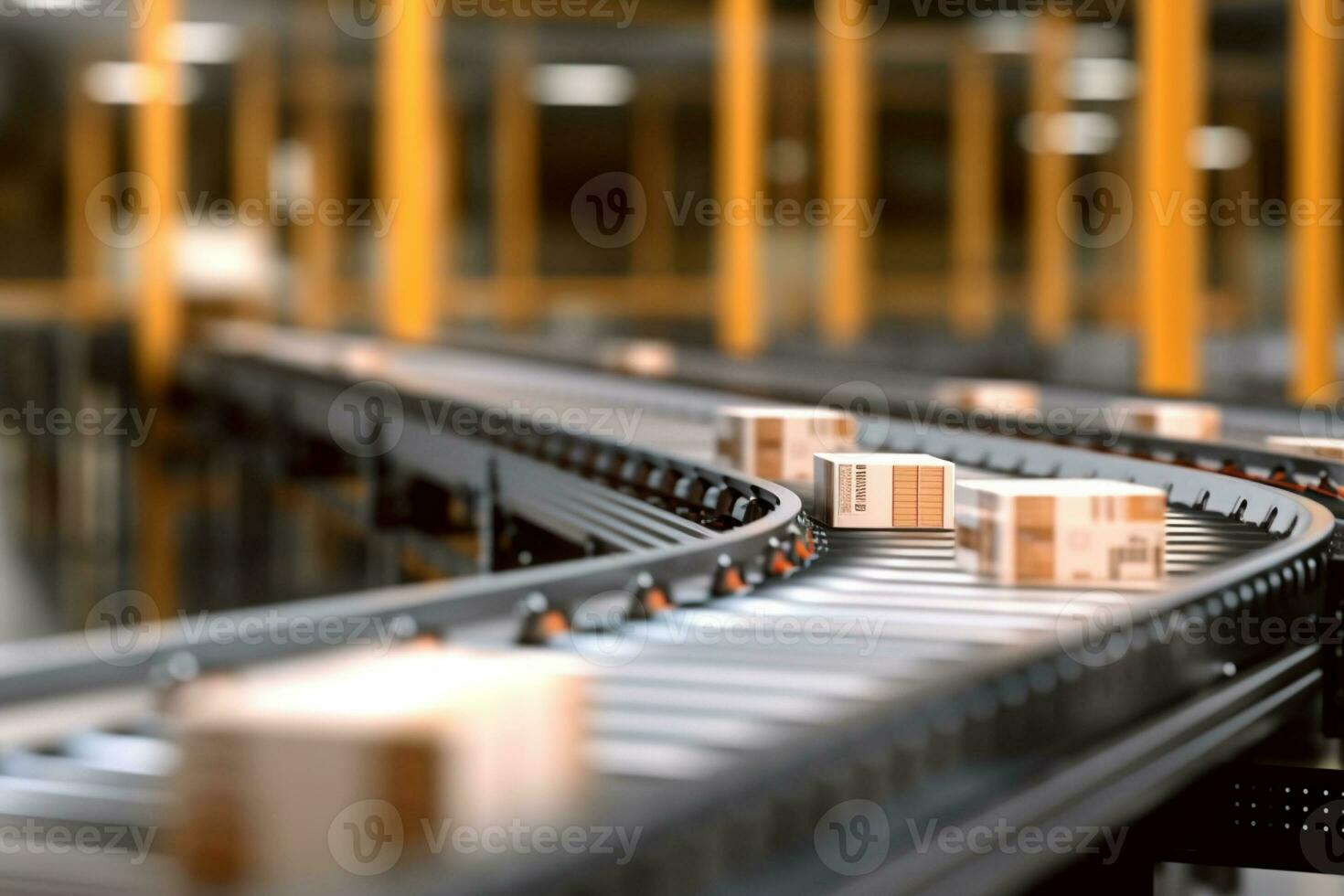 transportband bälte med kartong lådor i lager, 3d framställa i fabrik ai genererad foto