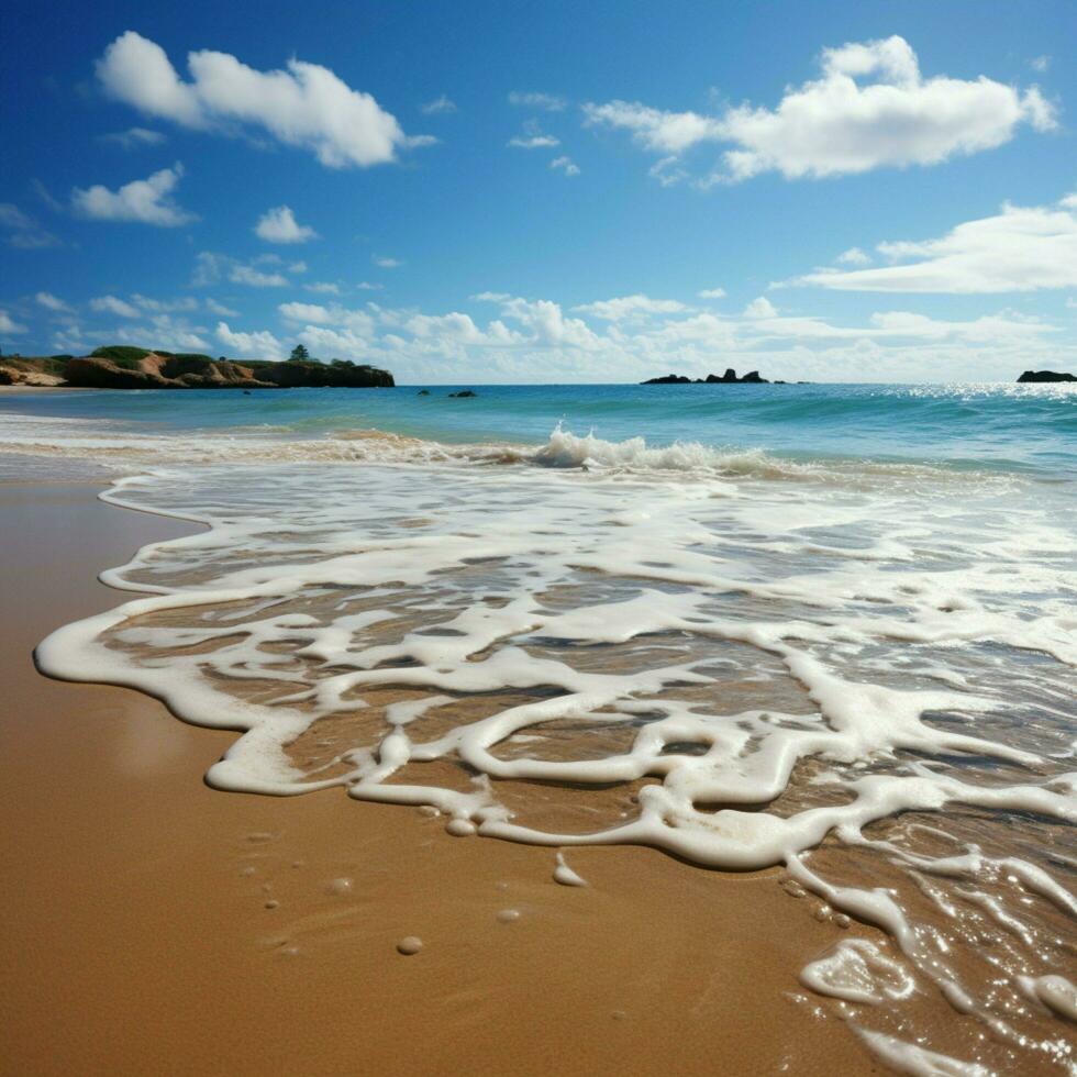 havet atmosfär klar Vinka på strand, reflekterande ren hav vattnen naturlig charm för social media posta storlek ai genererad foto