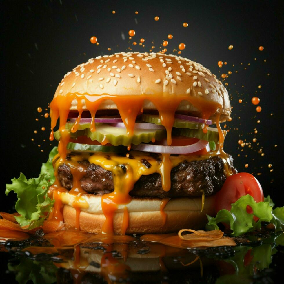 bita in i innovation en burger med oväntat, luftburet Ingredienser för social media posta storlek ai genererad foto