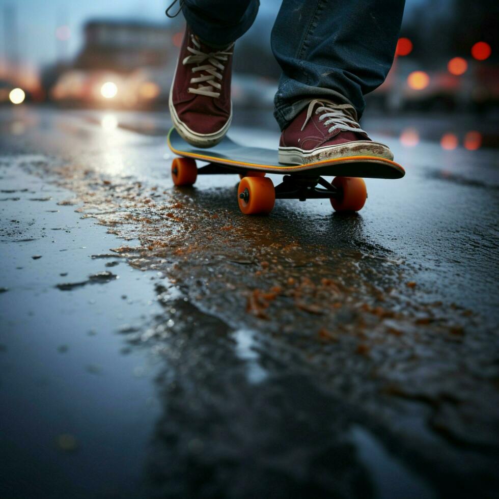 betong lekplats, skateboardåkare på de asfalt, tryckande de gränser för social media posta storlek ai genererad foto