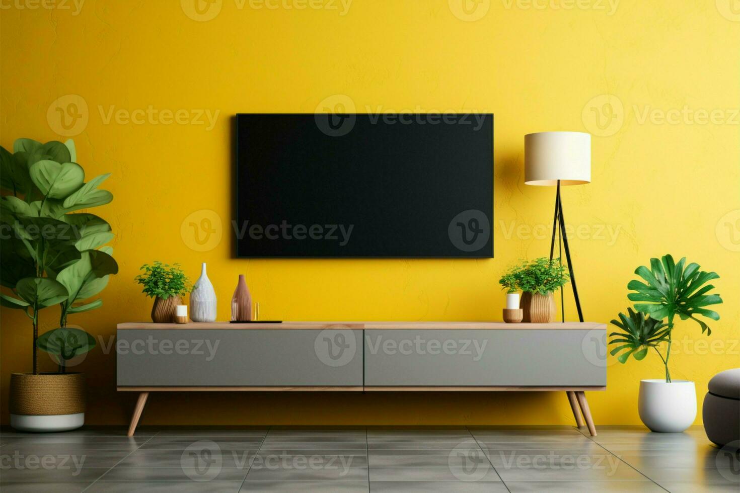gul upplyst bakgrund slingor TV vägg trösta, tabell, och växt i modern levande Plats ai genererad foto