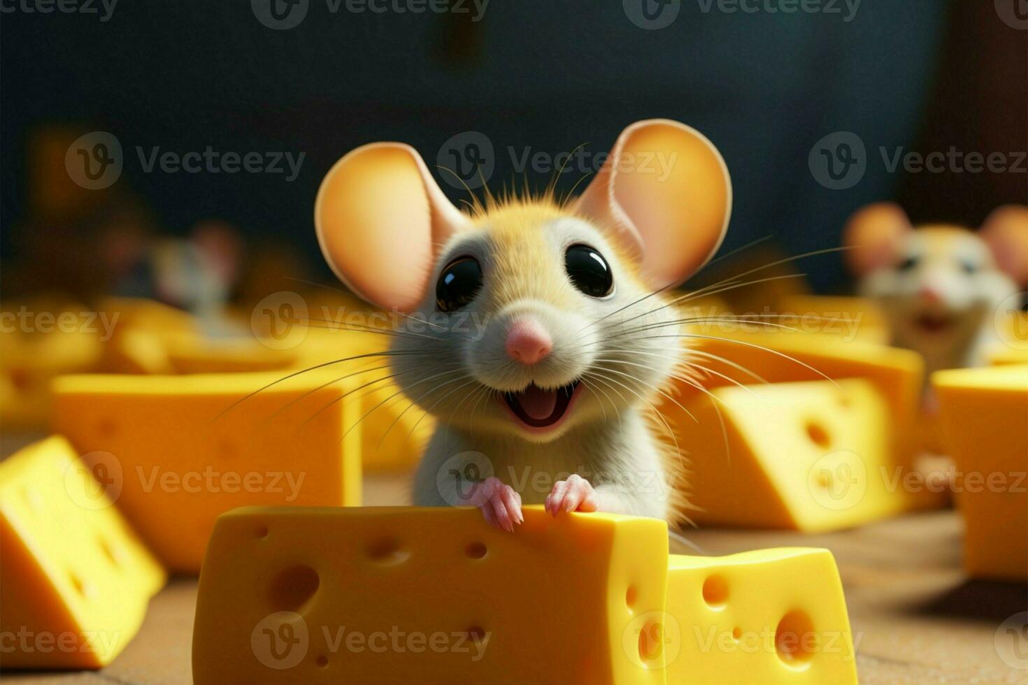 glad gnagare liten möss leende i en härlig ost tecknad serie ai genererad foto