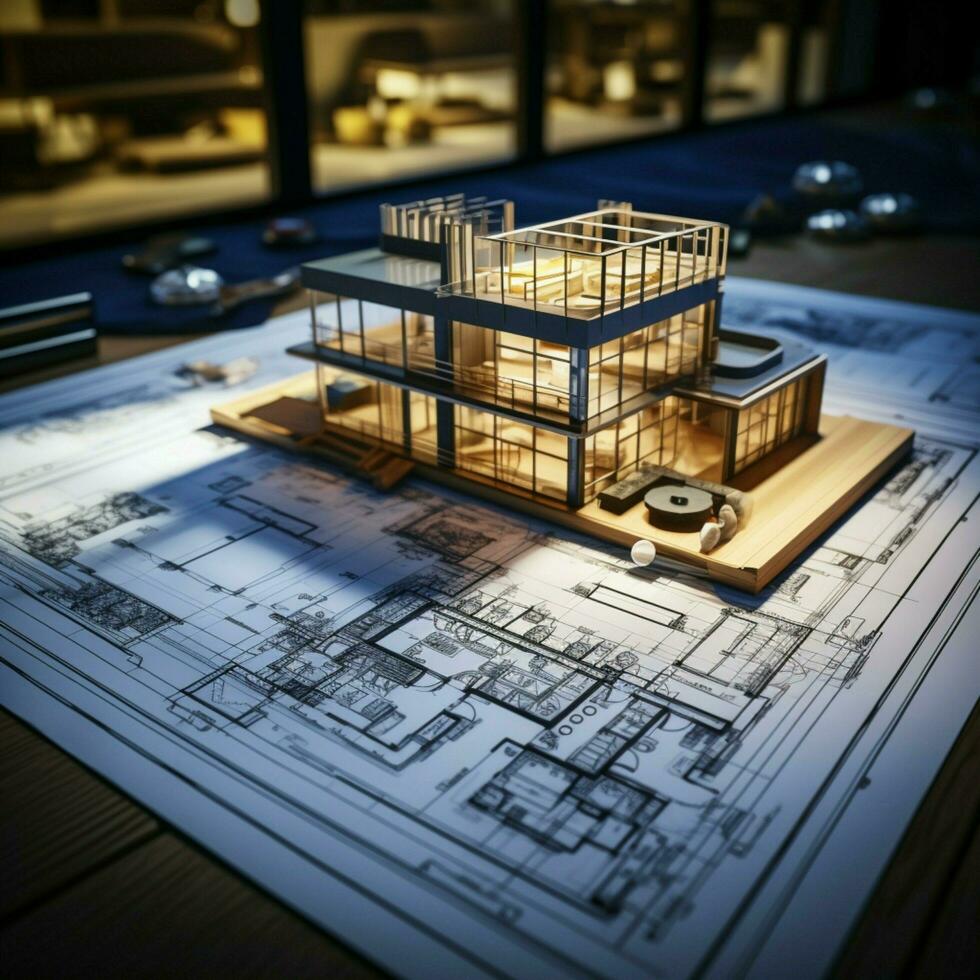 design planer visas plan rullar ordentligt anordnad atop tabell, arkitektonisk visualisering för social media posta storlek ai genererad foto