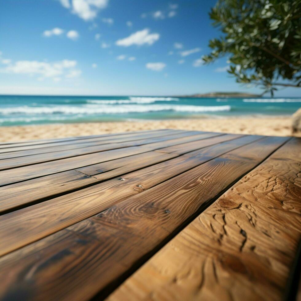 havet marknadsföring trä golv däck uppsättning mot suddig strand, perfekt för produkt ställer ut för social media posta storlek ai genererad foto