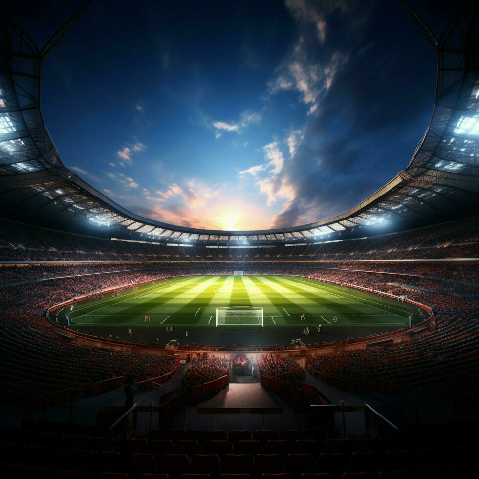 virtuell arena, 3d återges stadion hus vibrerande, packade fotboll fält för social media posta storlek ai genererad foto
