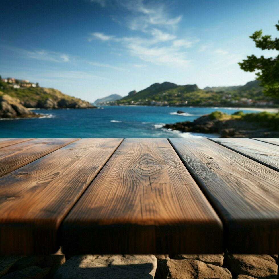 horisont förbindelse trä- tabell mot suddig hav ö och lugn blå himmel för social media posta storlek ai genererad foto