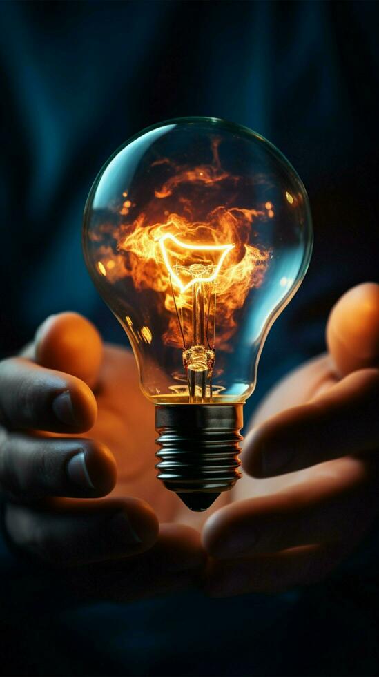 hand med lysande Glödlampa symboliserar företag innovation och visionär tänkande vertikal mobil tapet ai genererad foto