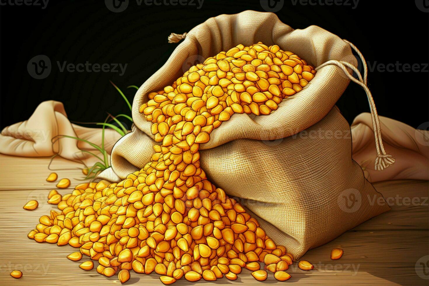 majs korn i en säck, presenteras med en realistisk tecknad serie stil ai genererad foto