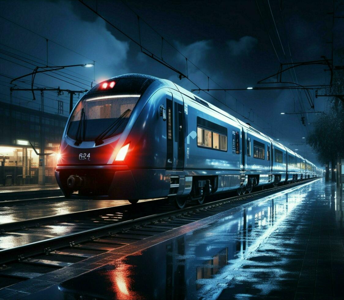 nattetid tåg station panorama modern tåg ankommer, miljö en dynamisk nattlig scen för social media posta storlek ai genererad foto