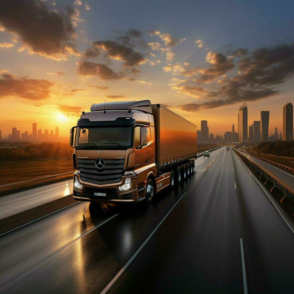 soluppgång leverans scen 3d återges lastbilar bak- se på väg, stadsbild bakgrund, betecknar effektivitet för social media posta storlek ai genererad foto