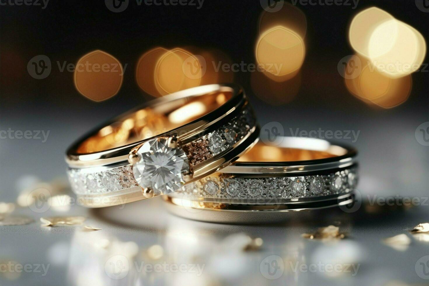 glimmande bröllop band uppsättning mot bokeh och diamant damm, text Plats ai genererad foto