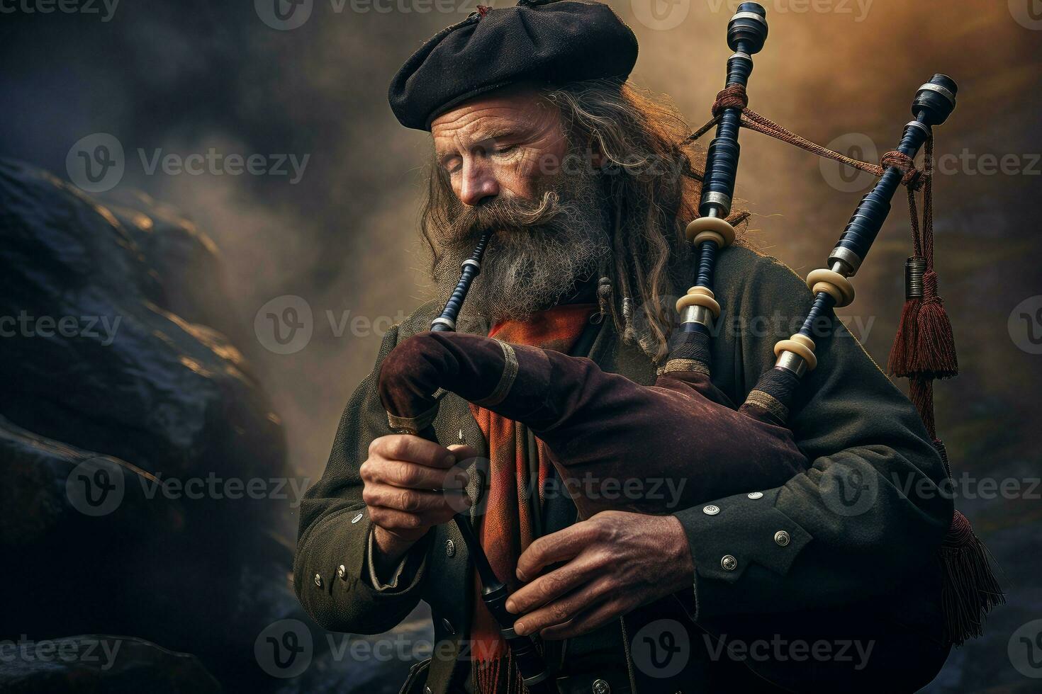 bagpipe musik senior man söt porträtt. generera ai foto