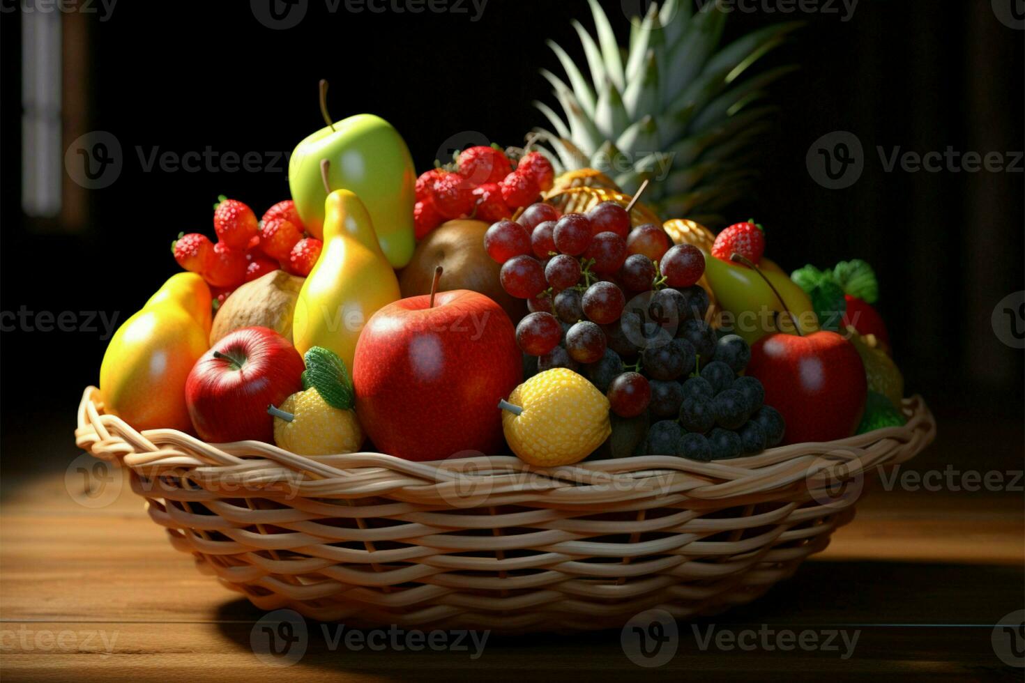ett inbjudande presentation av frukt inom en korg, uppsättning på trä ai genererad foto