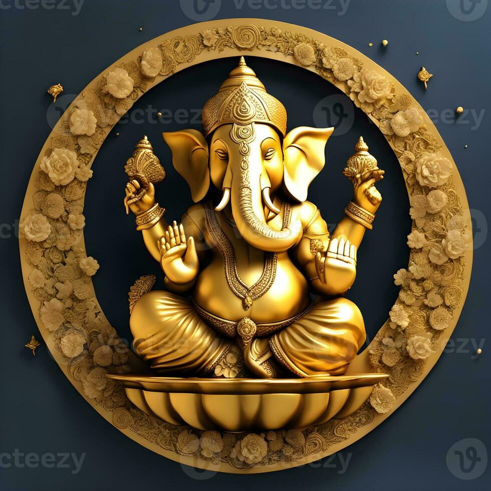 golden-matel-murti-ganesh-inidan-gud-natt-bhind-och-alpa-och-blomma-inne-månen-natt-form ai illustration av ganesha hindu Gud, med blommor, olja målning tagen upp in i himmel, Sammanträde i främre foto