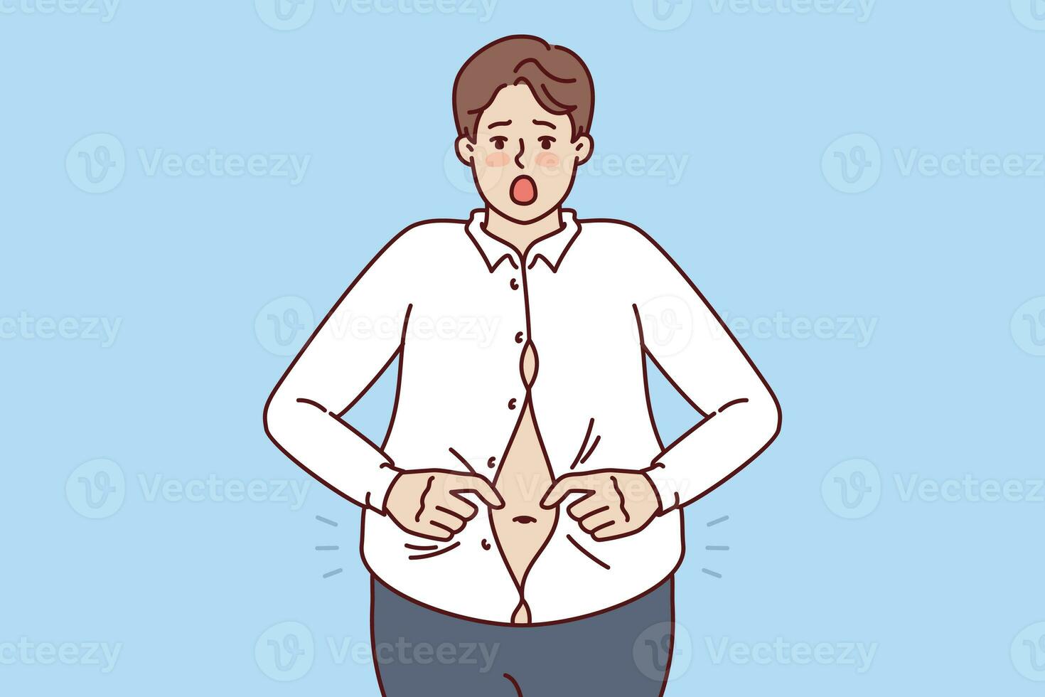 fett man med stor mage är påfrestande till knapp upp små skjorta och spänning på varelse övervikt foto
