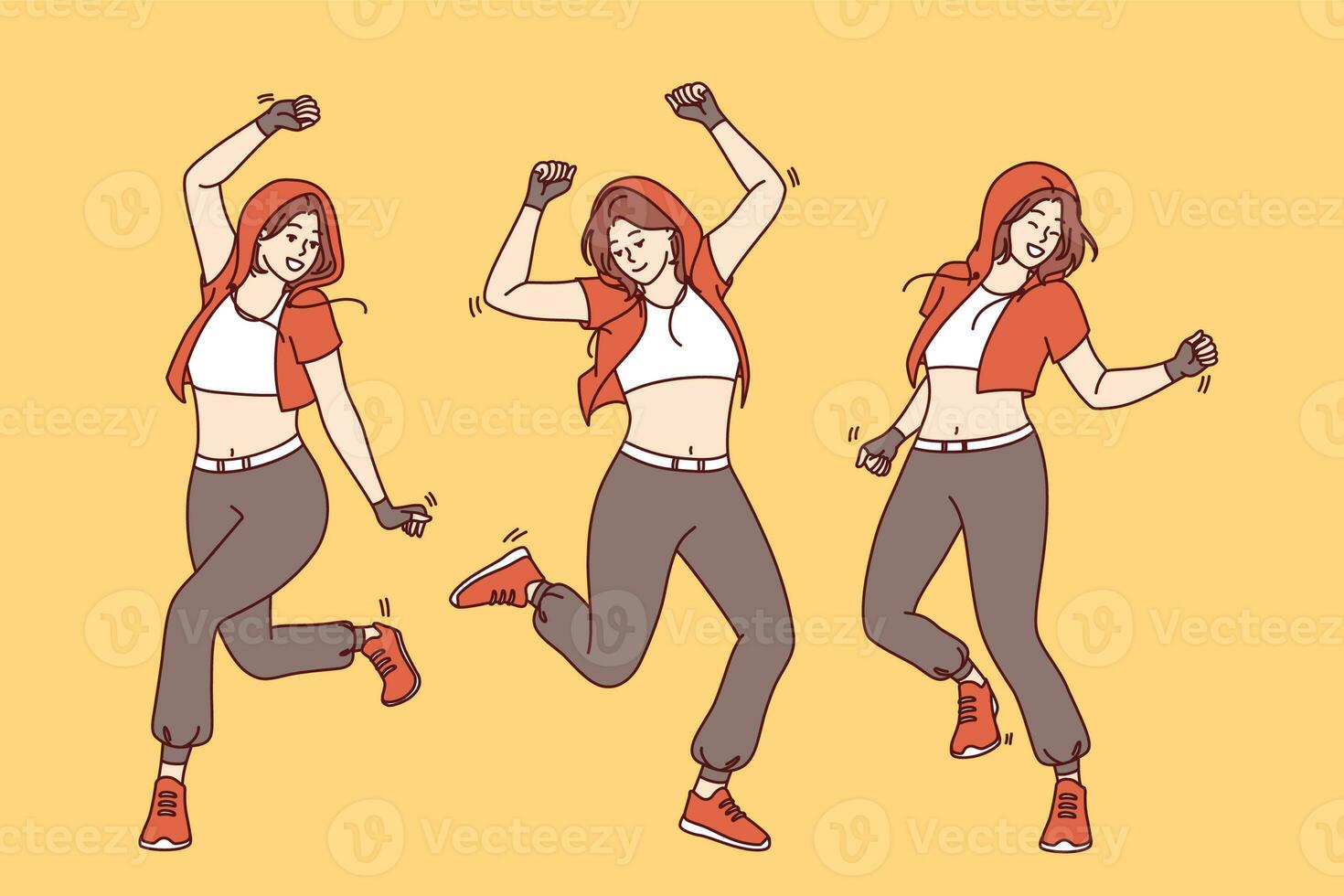 flicka danser hiphop dansa eller breakdance och står i annorlunda positioner, njuter aktiva resten foto