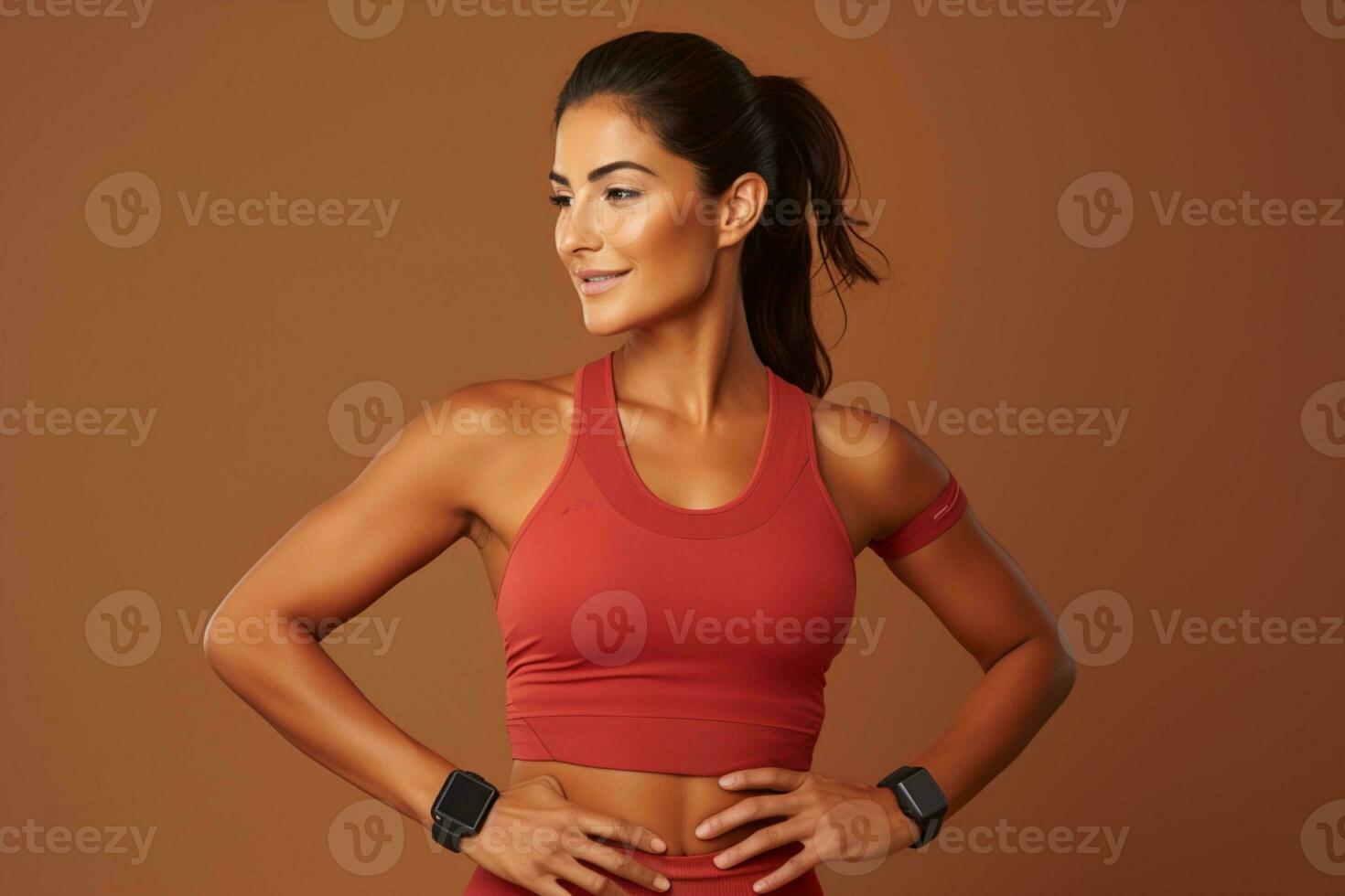 stark och passa kvinna idrottare stående i sportkläder självsäker träna i Gym begrepp ai generativ foto