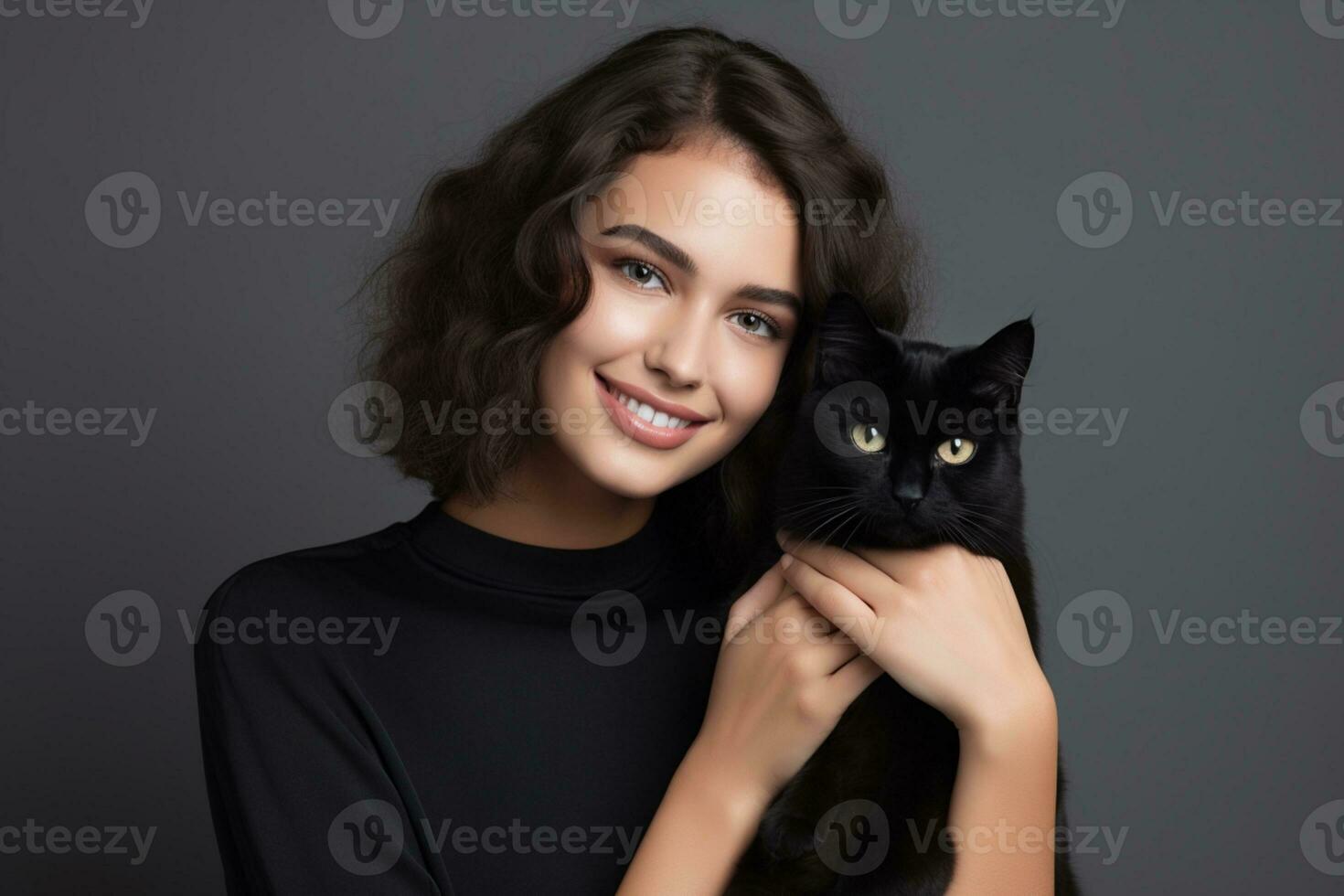 skön ung caucasian brunett kvinna cuddles franska katt på vit bakgrund ai generativ foto