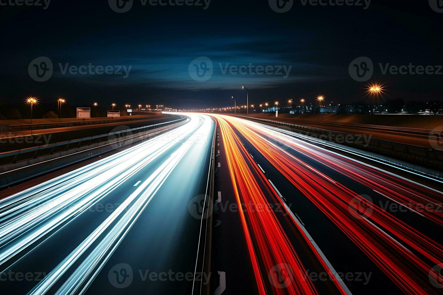 motorväg med vit blå och röd illumination på natt, ai generativ foto