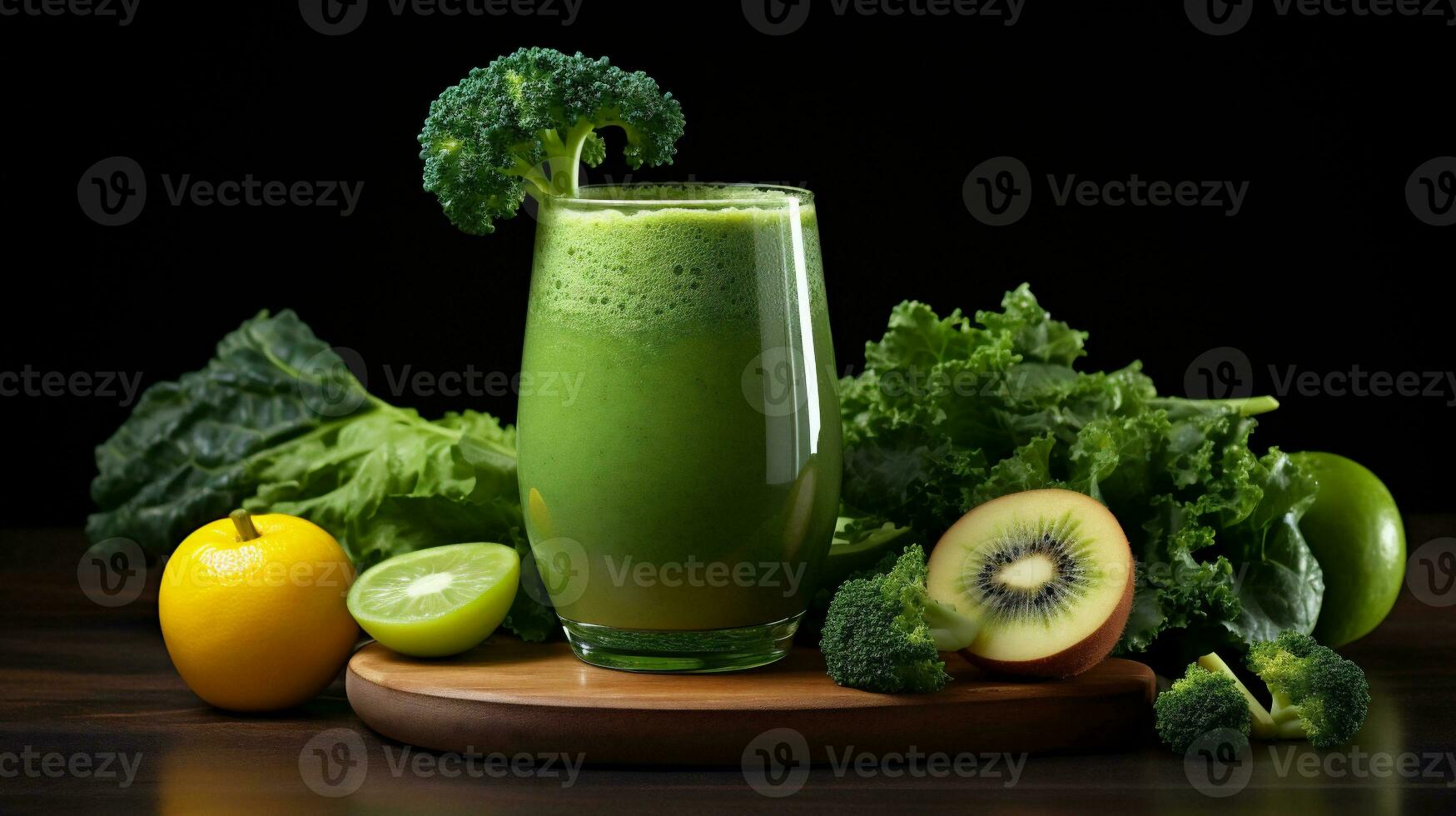 ai generativ. friska grön smoothie med grönkål, kiwi, äpple och broccoli på trä- bakgrund foto