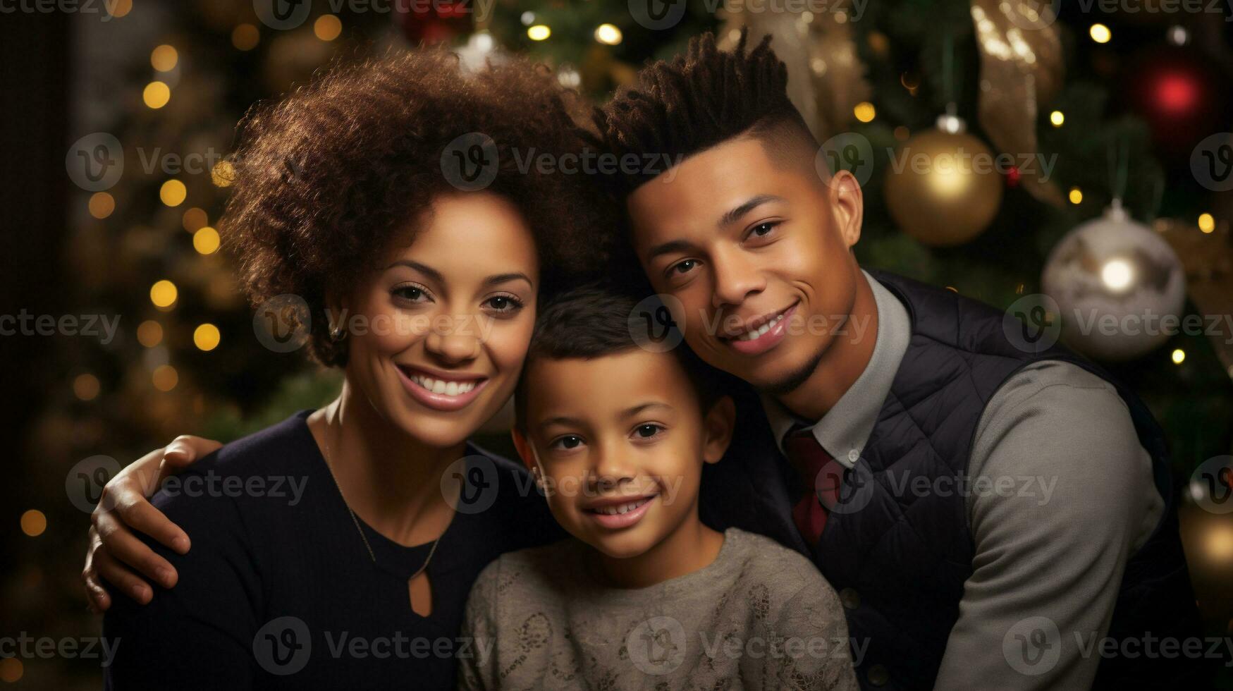 ai generativ. familj, jul, högtider och människor begrepp - Lycklig afrikansk amerikan familj över jul träd lampor bakgrund foto