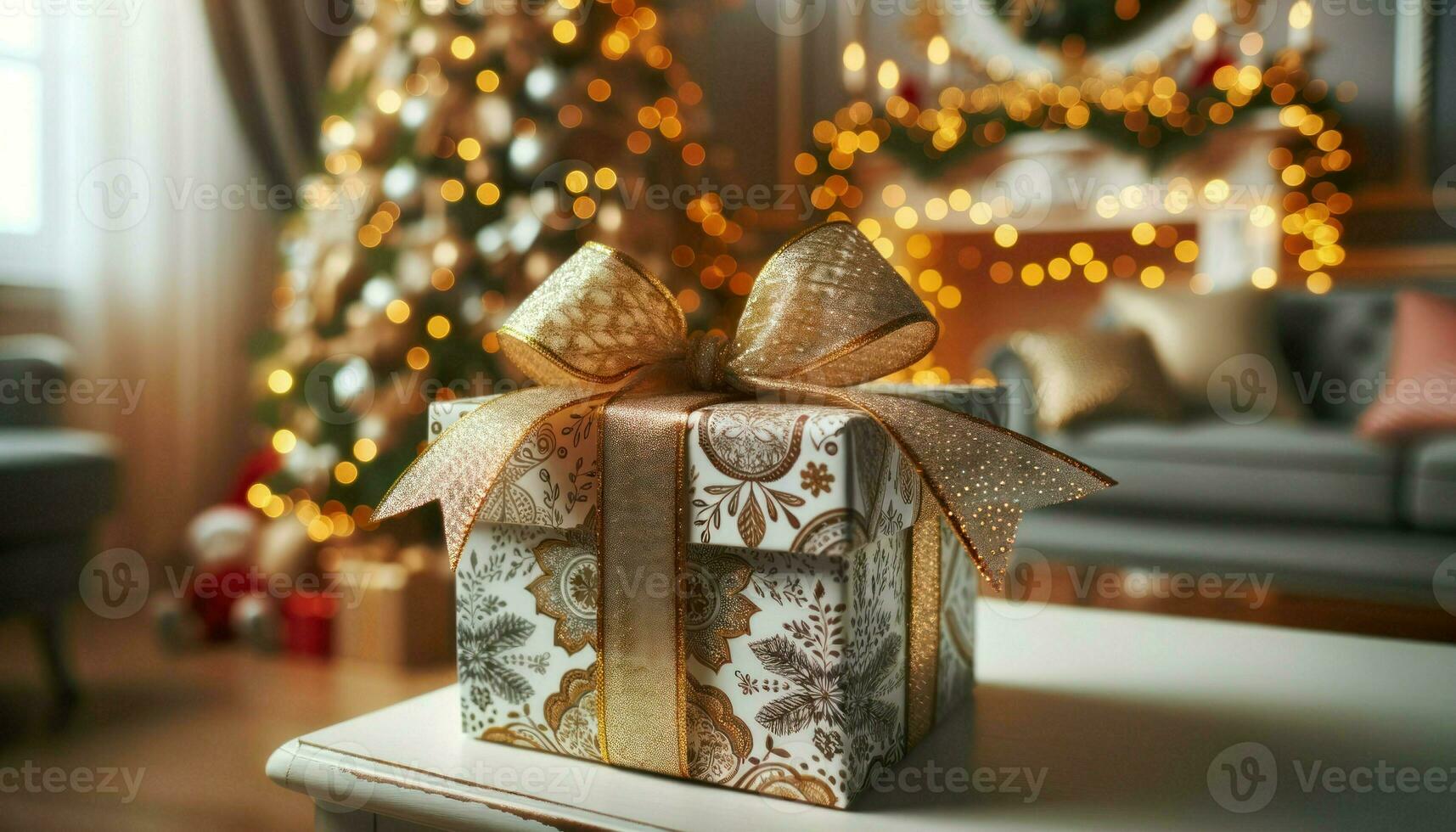 en närbild av en vackert insvept jul gåva med invecklad mönster och en skinande guld band.. generativ ai foto