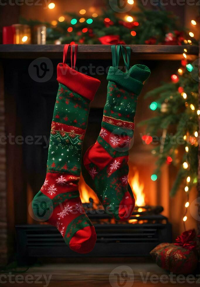 jul strumpor på de bakgrund av en brinnande öppen spis. jul och ny år begrepp foto