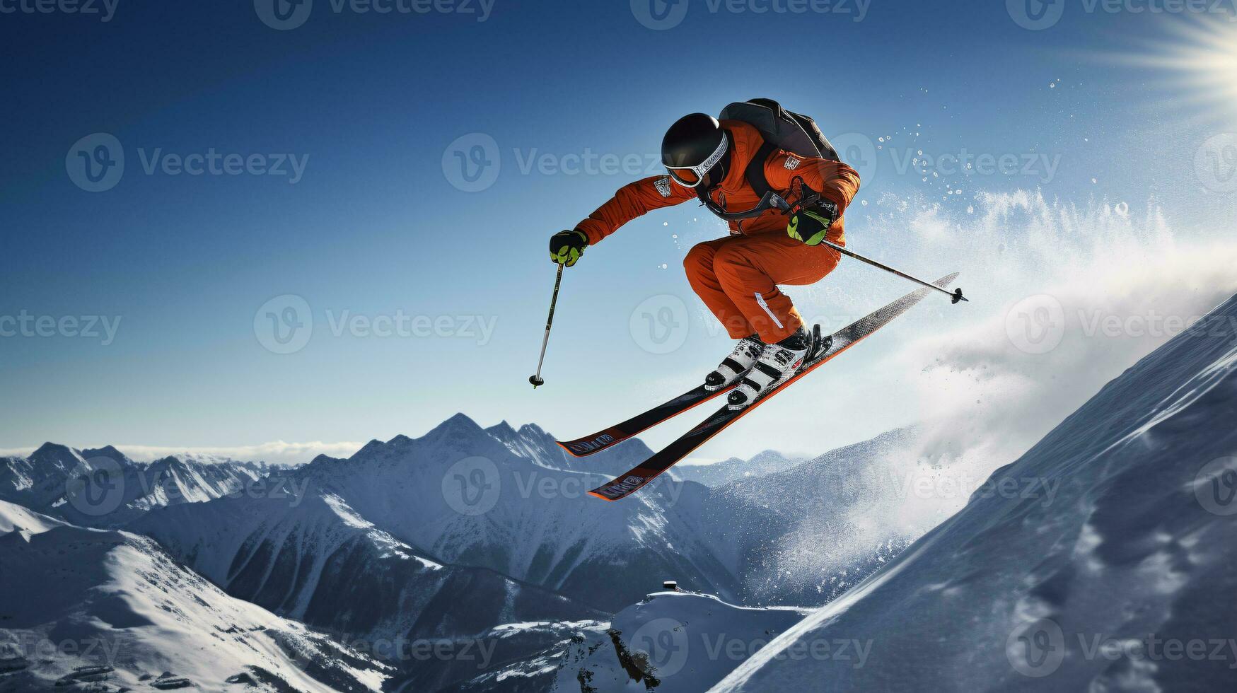 ai generativ vinter- extrem sporter Häftigt skott av åka skidor i rörelse foto