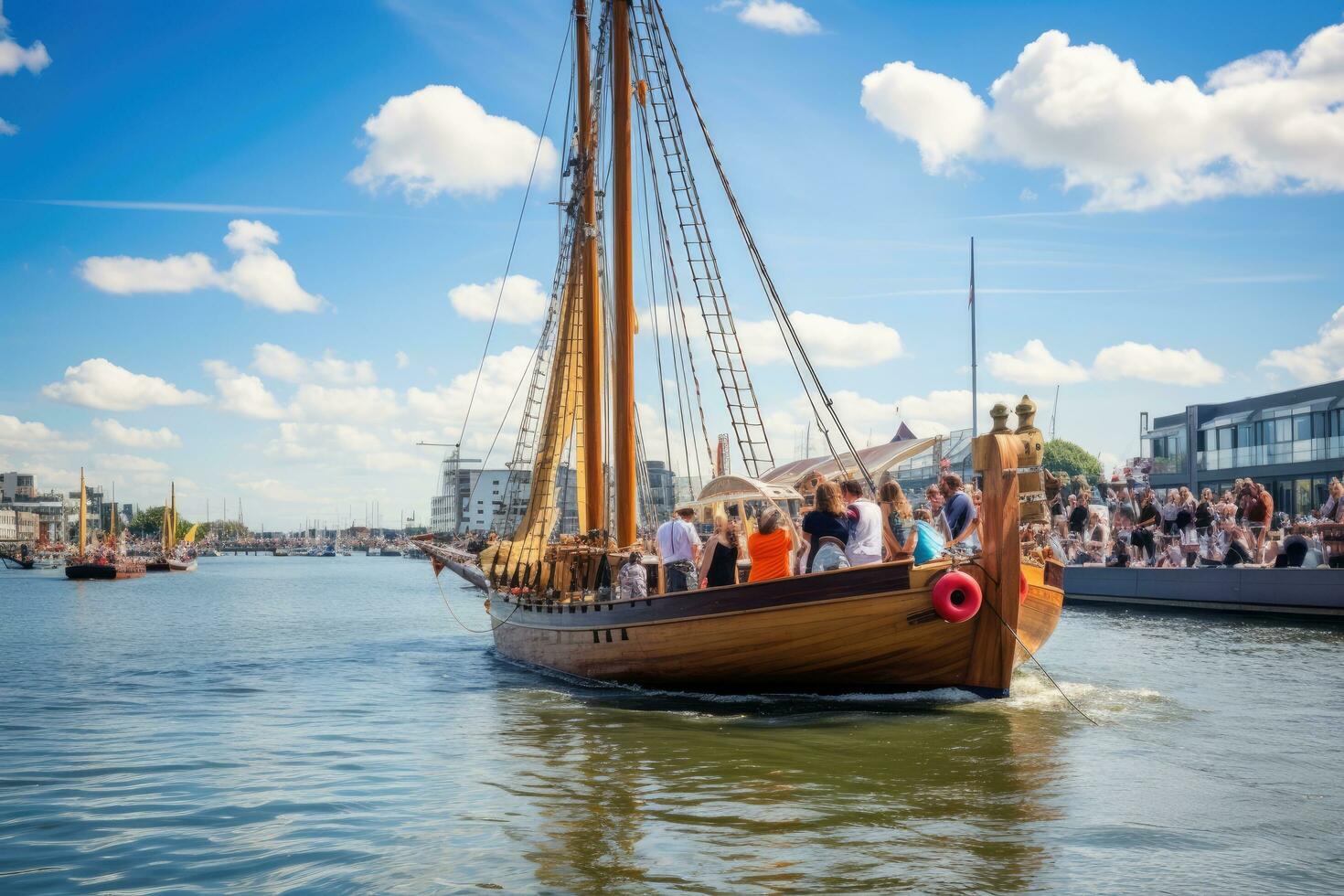 turister på de gammal trä- fartyg i de hamn av amsterdam, de kieler woche är utför under de 125:e kiel vecka, ai genererad foto