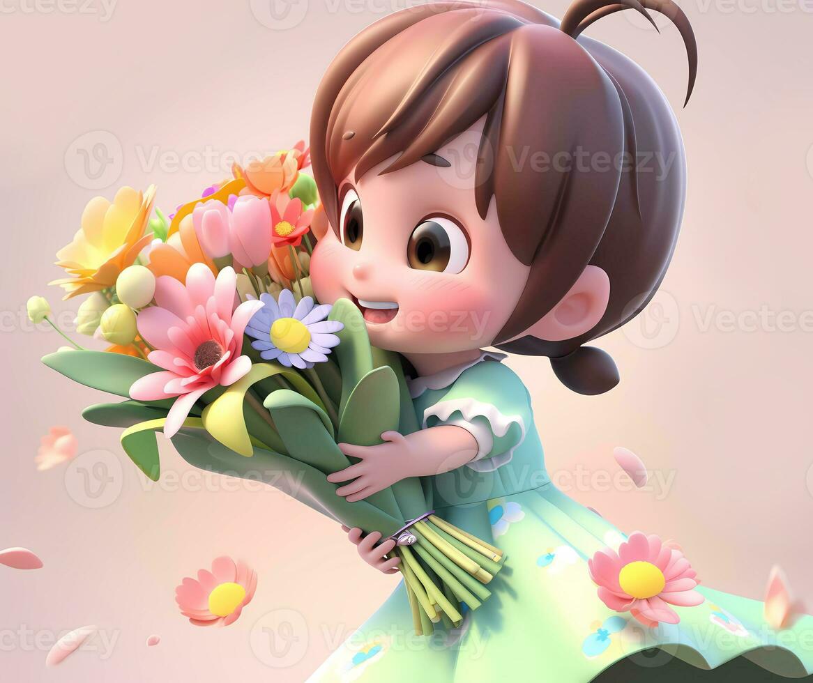 ai genererad söt liten flicka innehav en bukett av blommor i mödrar dag. internationell kvinnor dag. st. valentines dag begrepp. kopia Plats foto