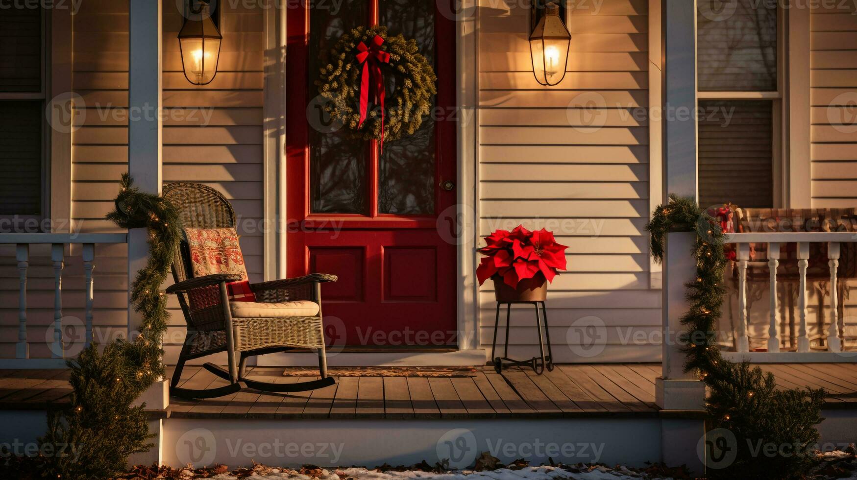 jul dekorationer på de veranda av en hus med en korg- stol ai generativ foto