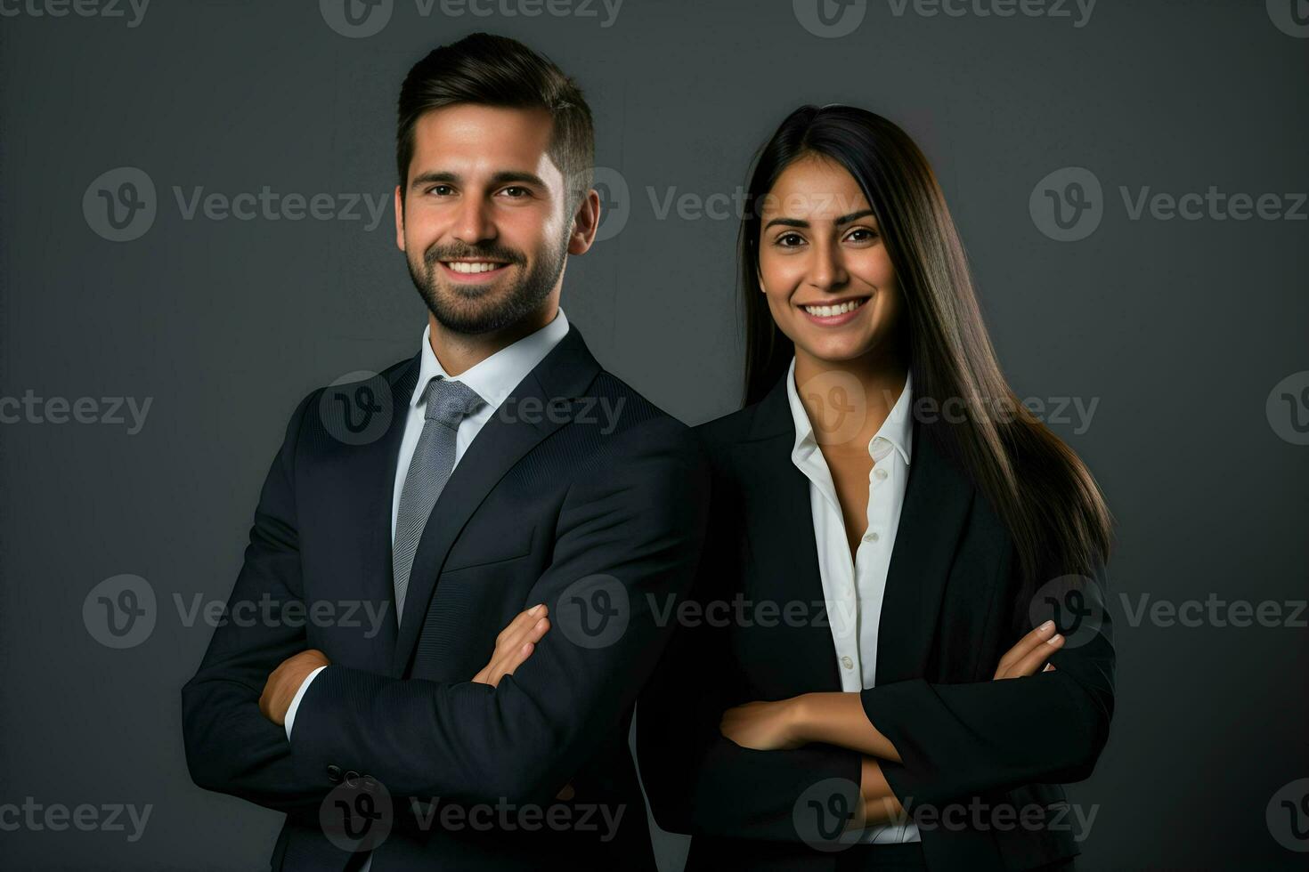 en man och kvinna i företag klädsel Framställ för de kamera. ai generativ foto