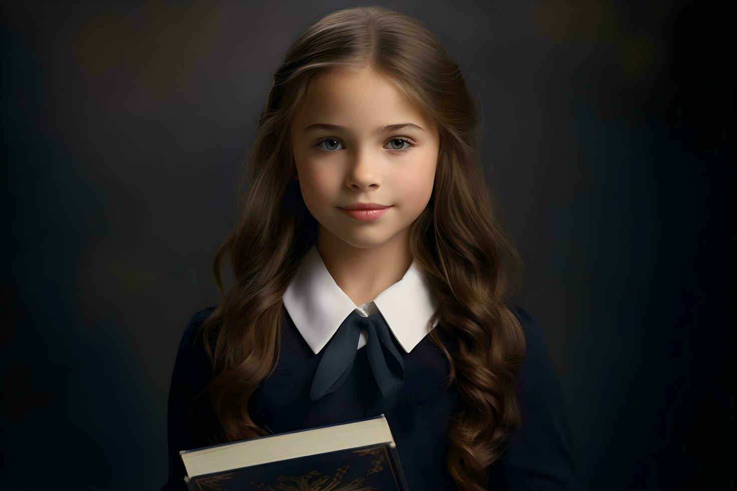 en liten flicka i en skola enhetlig innehav en bok. ai generativ foto