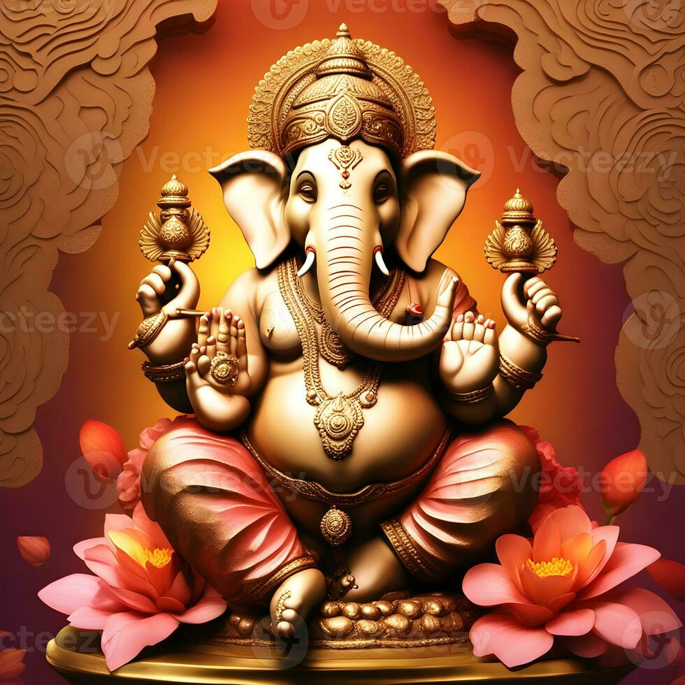 ganesh--hindu-lord-ganesha-på-dekorativ-bakgrund--grafisk-affisch-modern-konst, herre ganesha skulptur med dekorativ element - ai generativ foto