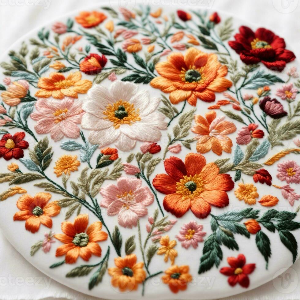 en noggrant tillverkad hand broderi av vibrerande blommor, varje delikat kronblad, stam, och blad sakkunnigt återges i invecklad detalj , ai genererad foto