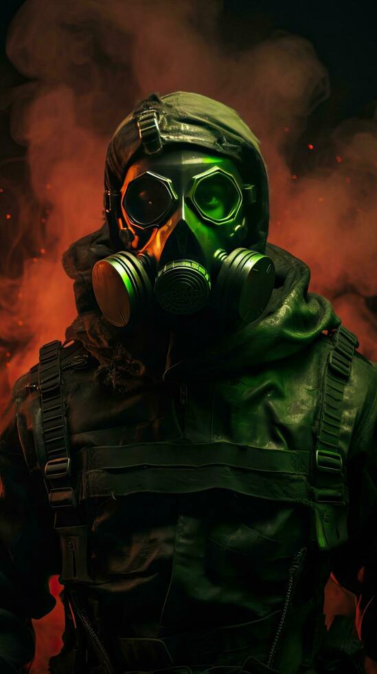 cyberpunk gas mask karaktär med grön tema. generativ ai foto