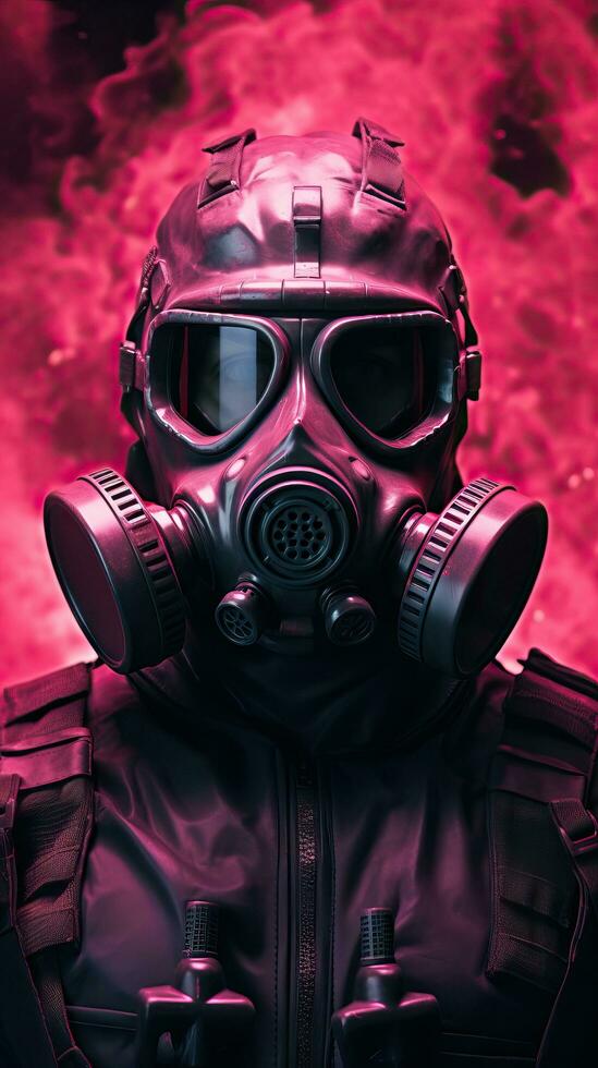 cyberpunk karaktär bär gas mask med rosa tema. generativ ai foto