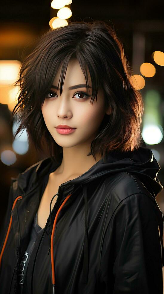 skön asiatisk tonåring med kort hår och svart jacka. generativ ai foto