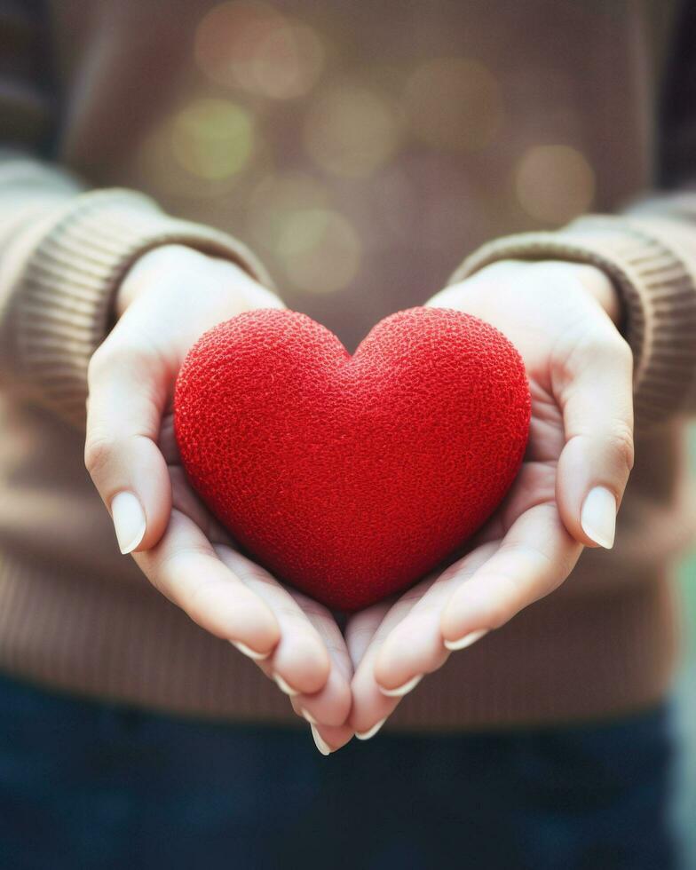 hand innehav en röd hjärta. generativ ai foto