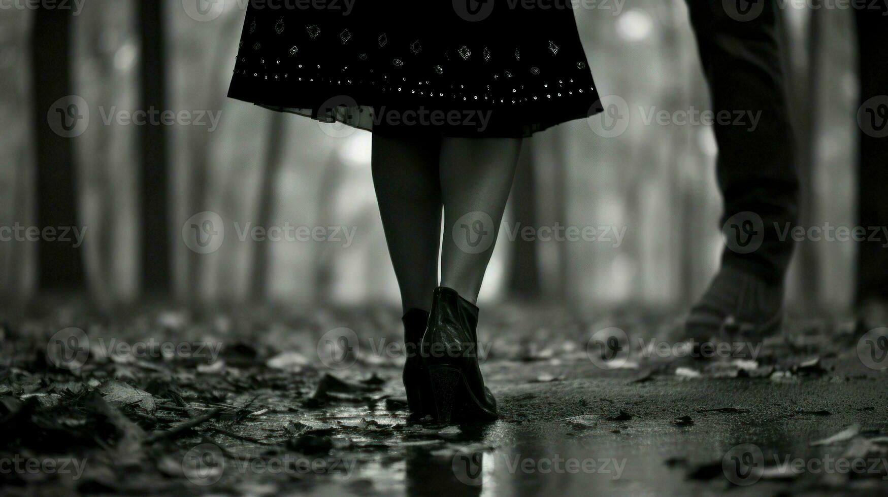 närbild av kvinnas ben, gående på en våt gata i regnig väder.. generativ ai foto