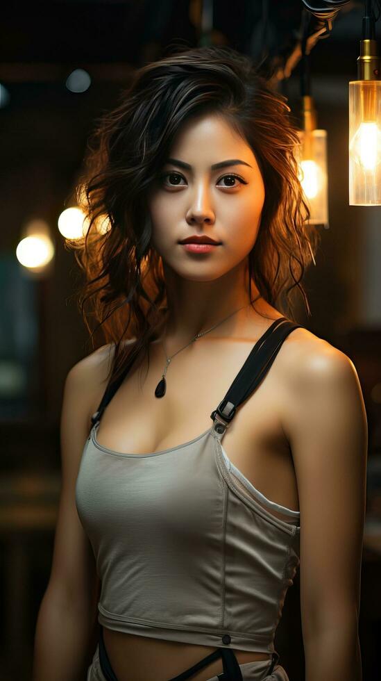 skön asiatisk ung kvinna utomhus på natt. generativ ai foto
